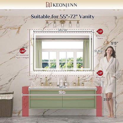 Keonjinn 55" x 36" LED Mirror, Frontlit & Backlit Bathroom Mirror, Oversized, Tempered Glass, Energy-Saving, Anti-Fog, Warm/Neutral/White Lights, Stepless Dimmable, UL-Listed LED Driver