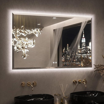 Keonjinn Backlit Mirror Bathroom 48 x 30 Inch, LED Vanity Mirror with Beveled Edge, Tempered Glass, UL-Listed Power Driver, 3 Color Lights, Safe Anti-Fog, Dimmable, Smart Bathroom Mirror with Lights