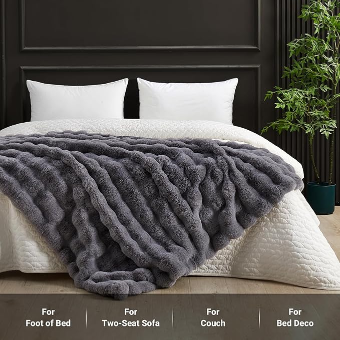 SAPHREAS Faux Fur Throw Blanket for Couch, Fluffy Fuzzy Bubble Blanket for Sofa Bed Living Room, Grey Decor Soft Cozy Gifts for Women Men, 50x60” Gray