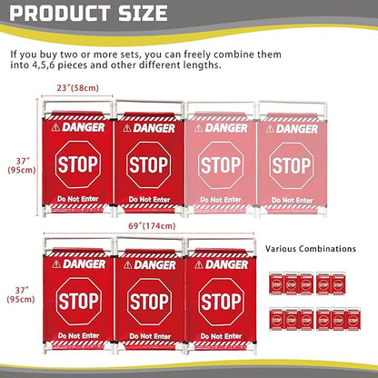Safety Caution Barricade 3Panels Foldable Security Signs With PVC Tarp Removable Safety Barrier Wet Floor Guard Symbol Clear Printing Safety Fence(Red3)