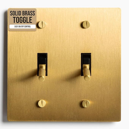 2-Gang Satin Solid Brass Plated Toggle Switch, 15A 120V AC Wall Mount, 3-Way Compatible Vintage Style Single Pole with Faceplate & Switch Module