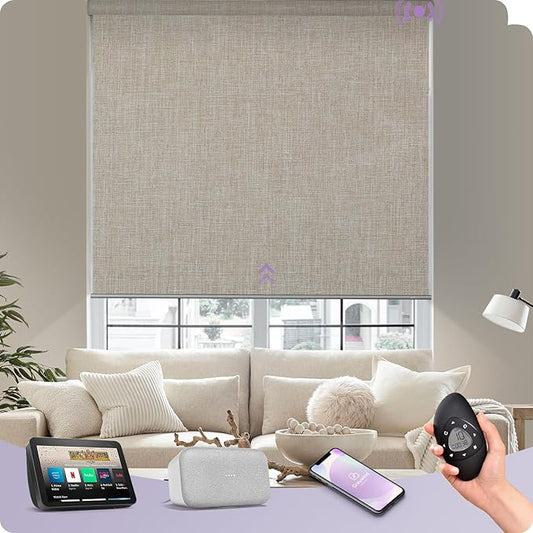 Graywind Motorized Roller Shades Compatible with Alexa Google Smart Blackout Shades with Remote Triple Weaved Fabric Window Blinds with Valance for Smart Home Office, Customized Size (Light Coffee)
