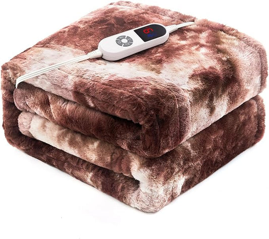 Electric Heated Twin Blanket 62"x84",Luxury White Coffee Faux Rabbit Fur Electric Blanket,Fast Heating Soft Fluffy Thick Electric Blanket with 6 Heating Levels & 12H Auto Off