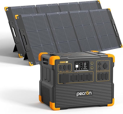 pecron Solar Generator E3600LFP 3072Wh with 2x300W Solar Panels, 5x3600W AC Outlets Portable Power Station, LiFePO4 Battery Backup Expanded to 15.36KWh, Power Station for Home Use, RV, Camping, CPAP