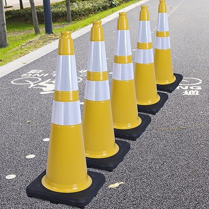 6 Pack 28" Large PVC Traffic Cones with Heavy-Duty Black Base, Garage Parking Lot Cones Structurally Stable Weatherproof Road Construction Safety Cones (6, Yellow, 28" Large)