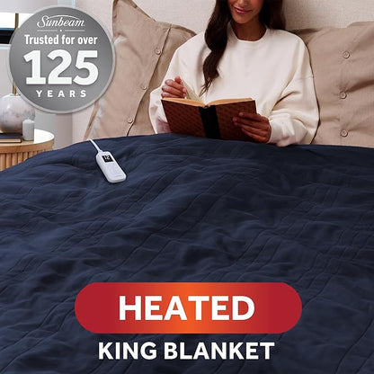 Sunbeam Royal Ultra Fleece Heated Electric Blanket King Size, 90" x 100", 12 Heat Settings, 12-Hour Selectable Auto Shut-Off, Fast Heating, Machine Washable, Warm and Cozy, Indigo