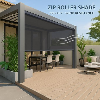 ZSHINE Hard-Wired Outdoor Snow Blocking Weatherproof Motorized Patio Roller Shades Remote Control for Porch Balcony Customized Size (Black Grey 10% Openness)