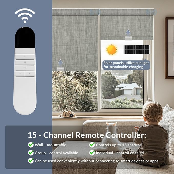 Boolegon Motorized Roller Blinds - 100% Blackout Smart Electric Shades with Remote, Compatible with Alexa/Google Home/HomeKit via Hub, Easy Install for Home Office, Light Grey, Custom Size.