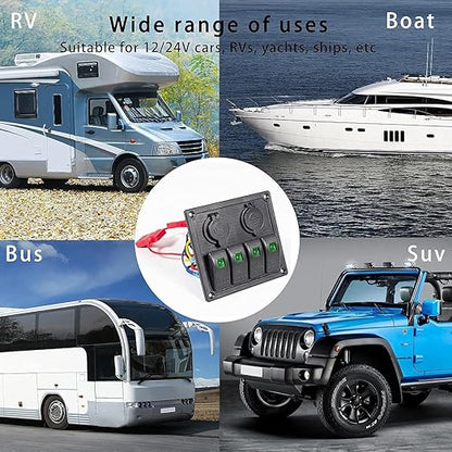 4 Gang Rocker Switch Panel, Multi-Function LED On-Off Switch with 3.1A Dual USB Charger, 12/24V Waterproof Marine Wired Toggle Switch Panel for Automotive Cars Marine Boats RVs (Green)