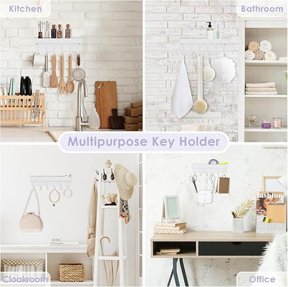 VIS'V Key Holder Wall Mount, Compact Adhesive Key Rack with Tray, 6 Hooks, 2 Mount Options, White