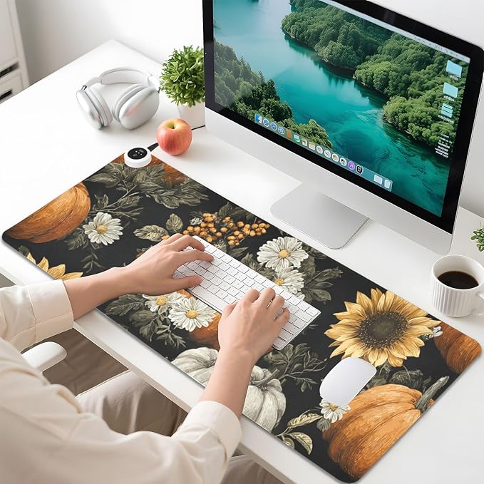 Heated Desk Pad Mouse Pad 31.5x13 Inch PU Leather Desk Mat with 3 Heat Levels Large Mouse Gaming Computer Laptop Mat Black Pumpkins Sunflowers Daisy