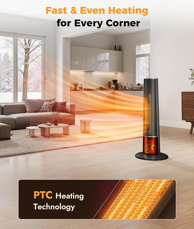 Tower Heater for Indoor Use - 25" Portable Space Heater with 3D Flame, Remote, Adjustable Thermostat, 2 Heat Modes, Multiple Safety Protection, 12H Timer, Quiet Electric Heater for Large Room
