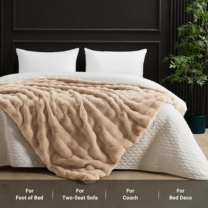 SAPHREAS Faux Fur Throw Blanket for Couch, Fluffy Fuzzy Bubble Blanket for Sofa Bed Living Room, Decor Soft Cozy Gifts for Women Men, 50x60” Khaki