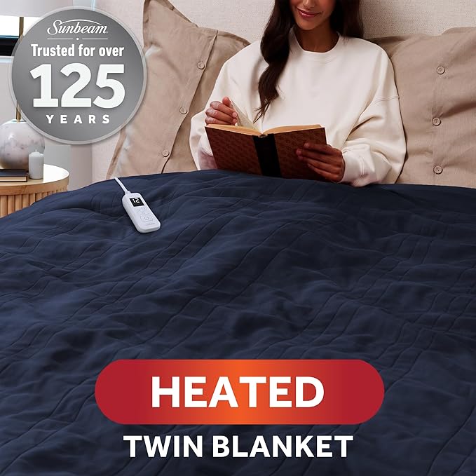 Sunbeam Royal Ultra Fleece Heated Electric Blanket, Twin Size, 84" x 62", 12 Heat Settings, 12-Hour Auto Shut-Off, Indigo