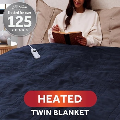 Sunbeam Royal Ultra Fleece Heated Electric Blanket, Twin Size, 84" x 62", 12 Heat Settings, 12-Hour Auto Shut-Off, Indigo