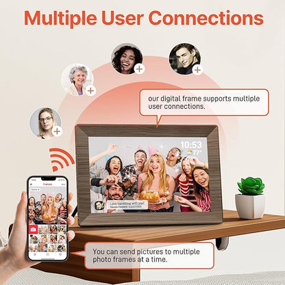 Frameo 10.1" Digital Picture Frame with 32GB Memory Wood WiFi Electronic Photo Frame 1280 x 800 IPS Touch Screen Auto-Rotate Slideshow Wall Mountable Share Photos/Video Remotely Anywhere