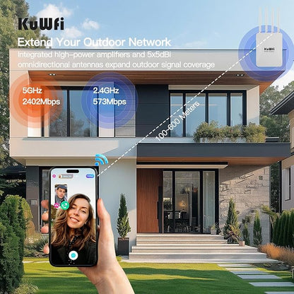 KuWFi AX3000 WiFi 6 Outdoor Access Point Repeater, Long Range Extender 100-300Meter Dual Band Gigabit, IP65 Waterproof, PoE Powered, Supports 256+ Devices for Business, Parties, Starlink