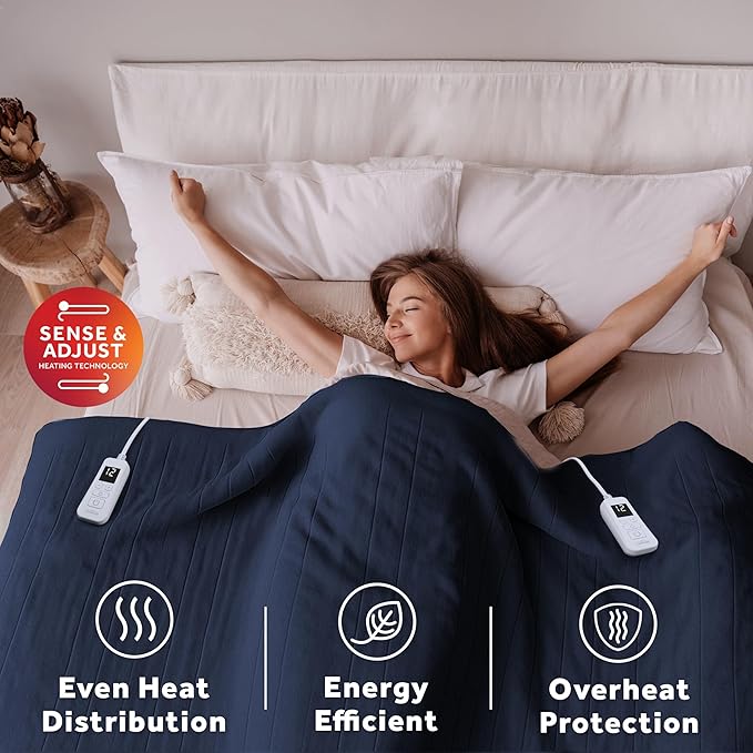 Sunbeam Royal Ultra Fleece Heated Electric Blanket Queen Size, 90" x 84", 12 Heat Settings, 12-Hour Selectable Auto Shut-Off, Fast Heating, Machine Washable, Warm and Cozy, Indigo