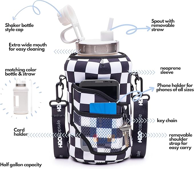 H2O Capsule 2.2L Half Gallon Wide Mouth Water Bottle with Storage Sleeve and Removable Straw - Hydration Tracker Jug with Measurements Marked – Shatterproof BPA-Free, (Check Mate)