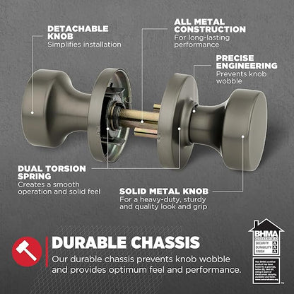 Kwikset Pismo Interior Round Passage Door Knob, Handle for Closet and Hallway Doors, Non-Locking Doorknob, Gunmetal