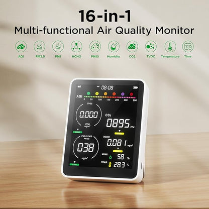 Air Quality Monitor Indoor,13-in-1 Smart Air Quality Tester with PM 2.5, CO2, TVOC, HCHO, PM1, AQI, PM10, Temperature & Humidity, Real Time Display, Battery Powered, for Home & Office (Ice White)