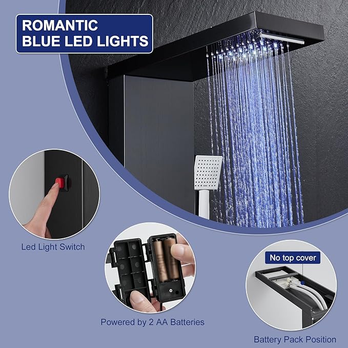 ROVATE LED Shower Panel Tower System with Rainfall Waterfall Shower, Black Shower Tower with Jets and Rainfall and Handheld, 5 in 1 Stainless Steel Shower Column High Pressure with Tub Spout