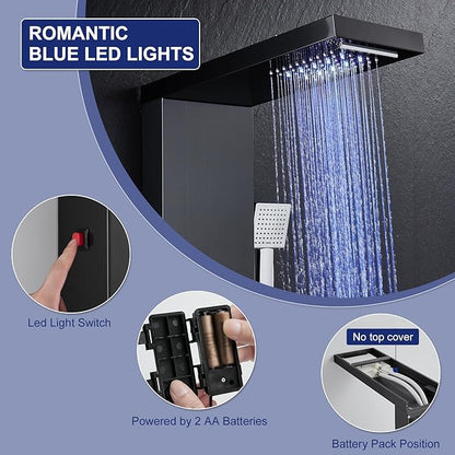 ROVATE LED Shower Panel Tower System with Rainfall Waterfall Shower, Black Shower Tower with Jets and Rainfall and Handheld, 5 in 1 Stainless Steel Shower Column High Pressure with Tub Spout