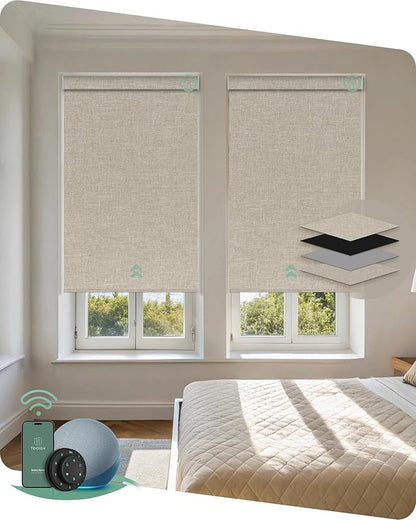 Yoolax Motorized Blinds with Remote, Blackout Smart Blinds Motorized Fabric Roller Shades Compatible with Alexa, Automatic Shades for Windows Custom Size (Beige)