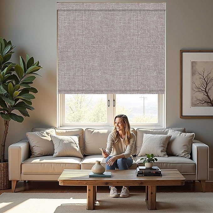 Motorized Roller Blinds with Remote, 100% Blackout Automatic Roller Shades for Bedroom, Bathroom, and Living Room, Customized Size, Cloud Shadow Brown