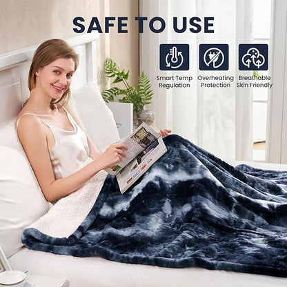 Electric Heated Throw Blanket 50"x60",Luxury Blue Faux Rabbit Fur Electric Blanket,Fast Heating Soft Fluffy Thick Electric Blanket with 6 Heating Levels & 12H Auto Off