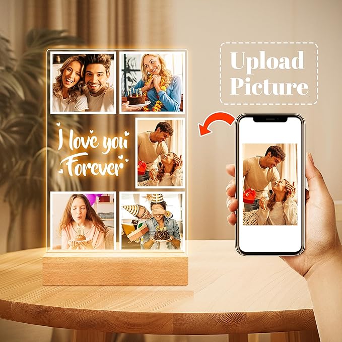 Custom Picture Frames, Customized Photo Frame with Night Light, Personalized Picture Frame, Personalized Anniversary Valentines Day Gifts for Women Men Her Him Girlfriend Boyfriend Couple Wife