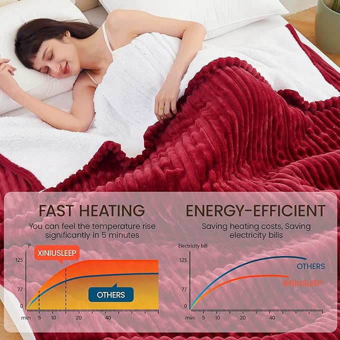 Heated Blanket Electric Blanket 62"x84", Soft Flannel Sherpa Electric Throw with 5 Heating Level & 12 Times Setting, Heated Throw with Overheating Protection, Machine Washable (Red)