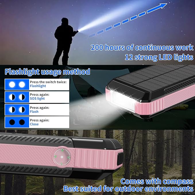 Solar Charger Power Bank 49800mAh, Portable Phone Wireless Charging Built-in 4 Cables 22.5W Fast Charging,Type-C Input/Output Port Solar Panel Charger with Flashlights&Compass for Camping（Pink