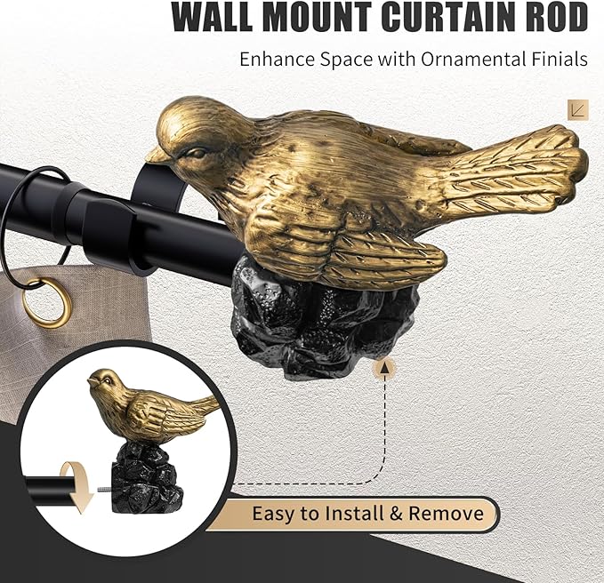 Vintage Gold Curtain Rod 48 to 90 Inches Curtain Rods for Windows Adjustable Drapery Rod with Bird Finials Heavy Duty Curtains Rods for Living Room Bedroom