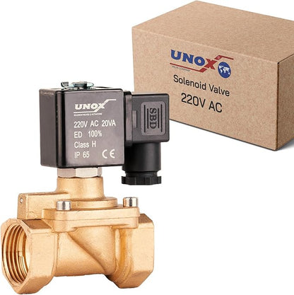 UNOX 3/4" NPT Solenoid Valve 220V AC, Brass Control Valve Normally Closed - 7-232 PSI Multi-Purpose Reliable Control Valve for Water, Air, and Gas - Solenoid Valves