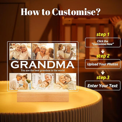 Personalized Gifts for Grandma from Daughter Son, Custom Picture Frames with Photos, Customized Photo Frame with Night Light, Personalized Birthday Gifts for Grandma Baby Kids Family