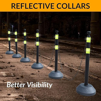 6 Pack 40 Inch Traffic Delineator Posts with Fillable Base and 6.6FT Plastic Chain, Safety Delineator Post Cones with 2 Green Reflective Stripes for Construction Work (Black)
