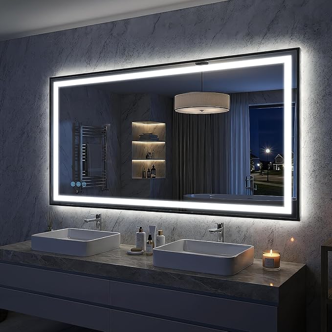 Antok 55X30 LED Bathroom Mirror with Lights, Vanity Mirror for Wall with Black Frame, Touch Control, Anti-Fog, Dimmable Lights, Shatter-Proof, Memory Function, Wall-Mounted Vanity Mirrors