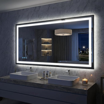 Antok 55X30 LED Bathroom Mirror with Lights, Vanity Mirror for Wall with Black Frame, Touch Control, Anti-Fog, Dimmable Lights, Shatter-Proof, Memory Function, Wall-Mounted Vanity Mirrors