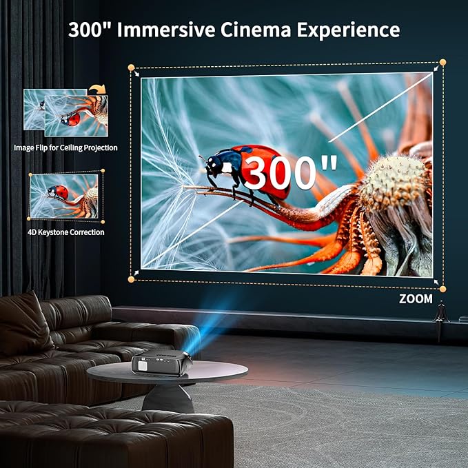 High Brightness Projector 1800 ANSI, HDR10+, 4K Support, WiFi6 & Bluetooth, Smart Android TV with Apps, HDMI/ USB, for Daylight Viewing, Low Input Lag Gaming, Silent Bedroom, Wireless Presentation