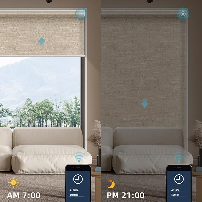 SmartWings Motorized Smart Blinds for Windows in Light Filtering, Electric Remote Roller Shades Compatible with Alexa/Google Home/Homekit, Custom Up to 110”W x 148”H, Linen Translucent Caramel