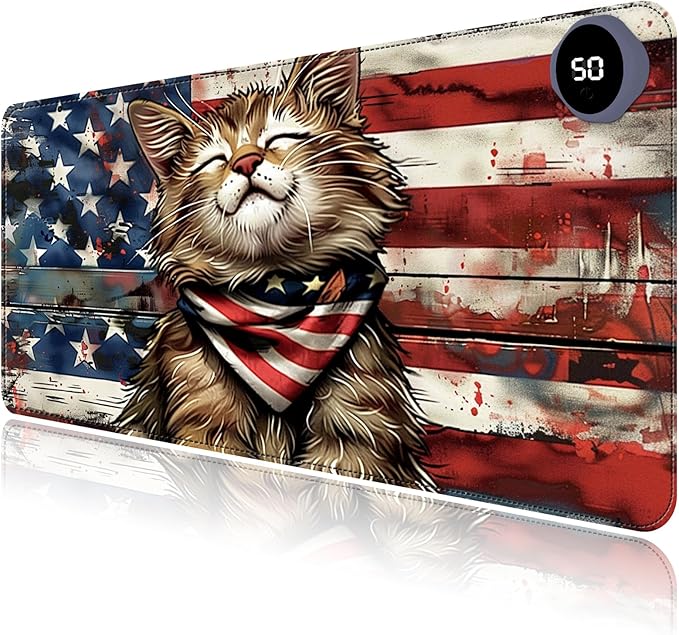 Heated Mouse Pad with 3 Levels Heated & 3 Hours Auto Shut-Off Mouse Pad for Warming Hands in Office Home, 31.5" x 13"Large Safe Desk Mat Hand Warmer，Flag Cute Cat