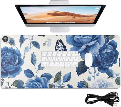 Heated Desk Pad Mouse Pad 31.5x13 Inch PU Leather Desk Mat with 3 Heat Levels Large Mouse Gaming Computer Laptop Mat Blue White Rose Flowers Butterfly