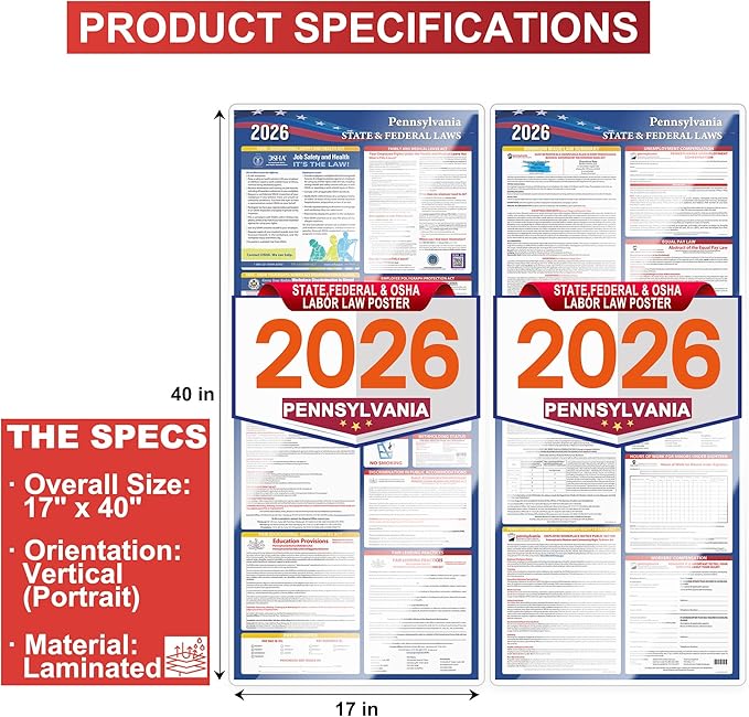 Pennsylvania Labor Law Poster Set 2026,Federal and OSHA Compliant Laminated Post,All in One Required Compliance Posting 17" x 40" English Version 2PCS - Ideal for Posting in The Workplace