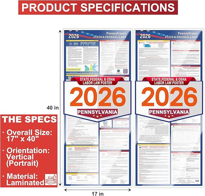 Pennsylvania Labor Law Poster Set 2026,Federal and OSHA Compliant Laminated Post,All in One Required Compliance Posting 17" x 40" English Version 2PCS - Ideal for Posting in The Workplace