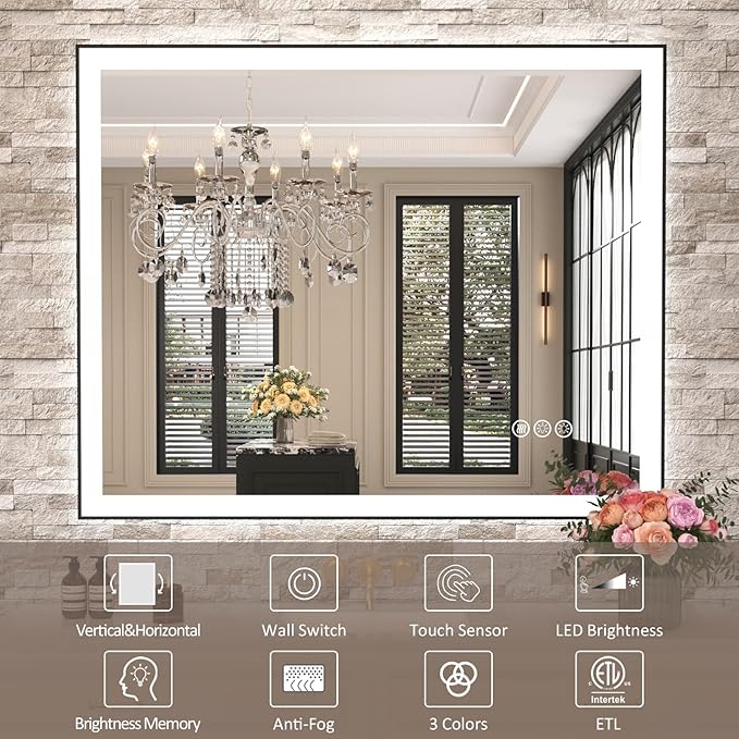 Amorho 24"x 36" LED Bathroom Mirror with Black Frame, Front Light and Backlit(Controlled Separately), Stepless Dimmable, Anti-Fog, Shatter-Proof, 3 Colors, Memory