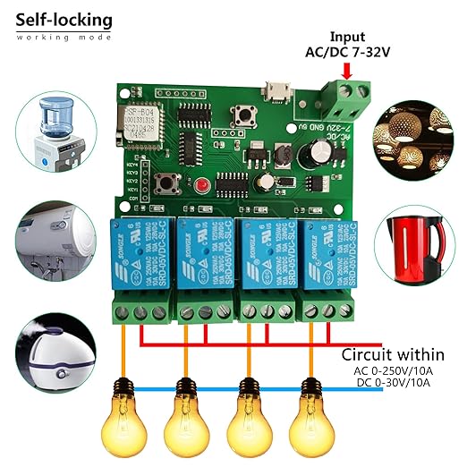 Jane Eyre 4 Channel WiFi instantaneous Jog Relay self-Locking Switch Module DIY Garage Door Switch Module Ewelink APP Control, Compatible with Alexa Goolge Assistant