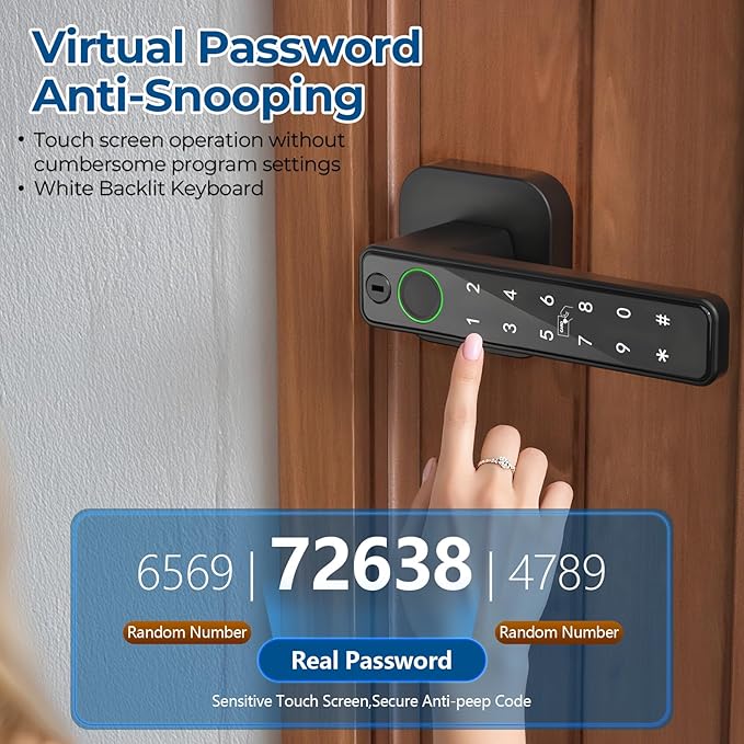 FITNATE Smart Fingerprint Door Lock, Keyless Entry Door Lever with APP, IC Card, Code, Key & Biometric Unlock for Bedroom, Home, Hotel, Office, Apartment