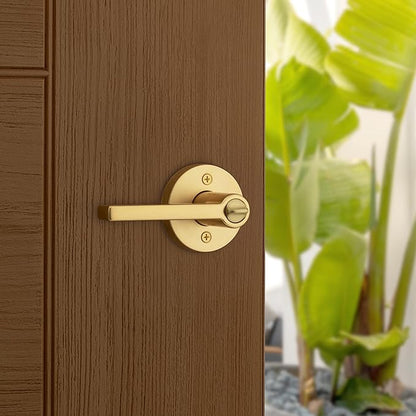 Kwikset Halifax Entry Door Handle with Lock and Key, Secure Keyed Reversible Lever Exterior, for Front Entrance and Bedrooms, Satin Brass, Pick Resistant Smartkey Rekey Security and Microban