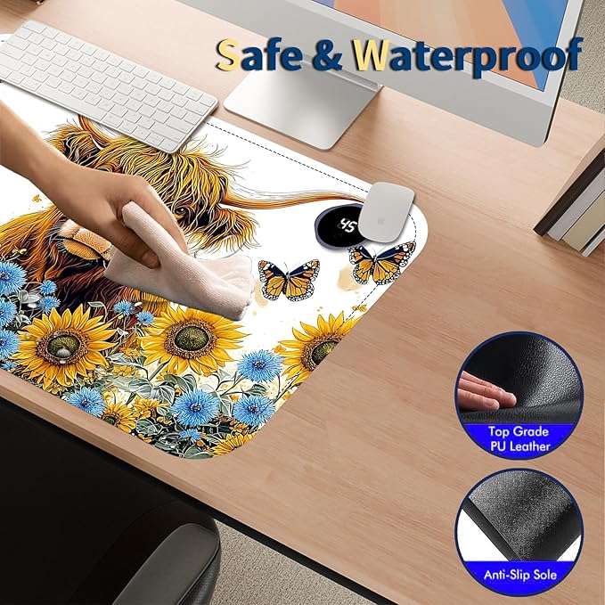 Heated Mouse Pad with 3 Temperature Settings(104°F–122°F),Large 24x14.2 Inch PU Leather Heated Desk Mat,Waterproof Warming Pad for Office,Gaming & Cold Hands Relief,Sunflower Cow